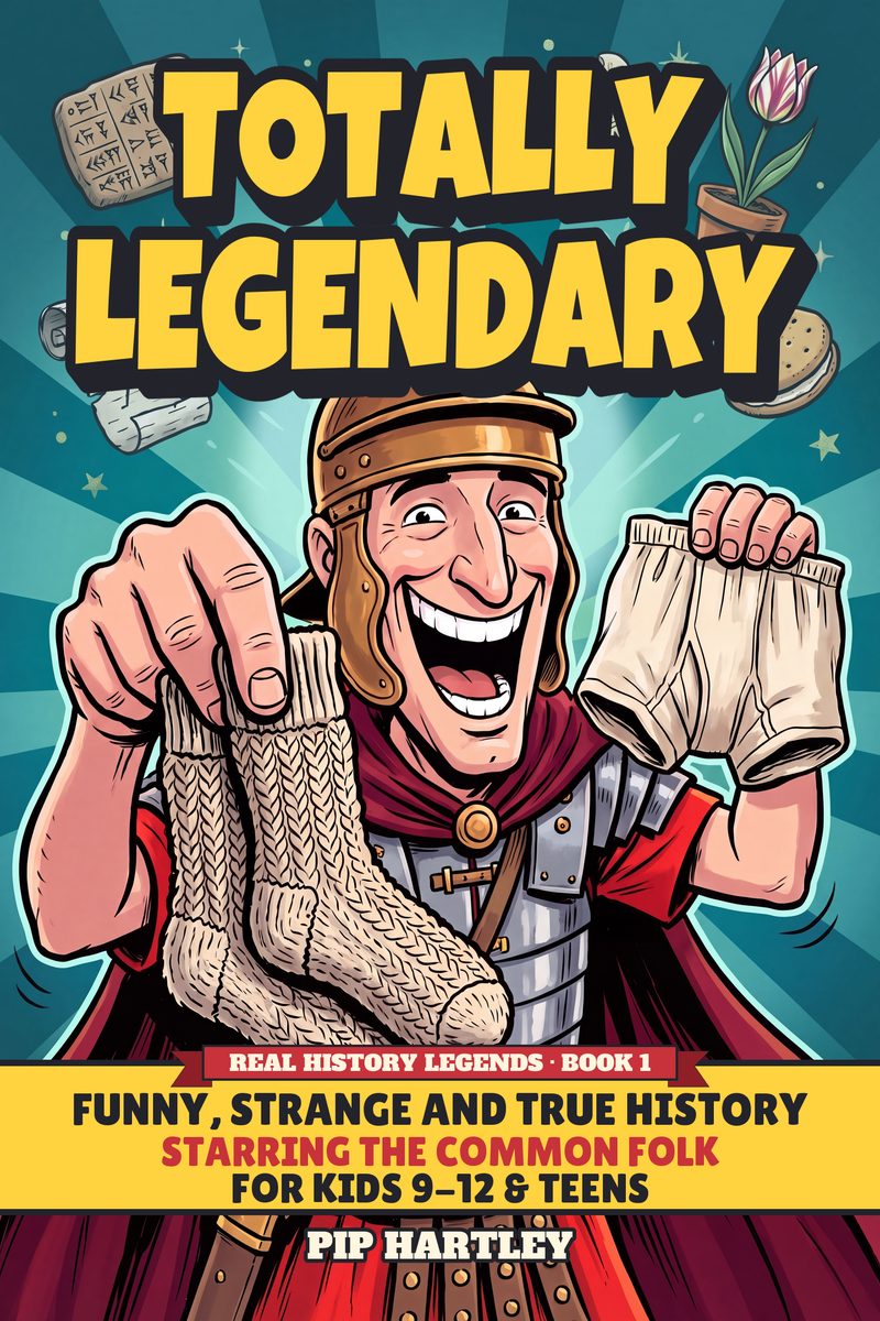 Cover preview of Totally Legendary by Pip Hartley: a grinning Roman soldier holds up a pair of woolly socks and some underpants.